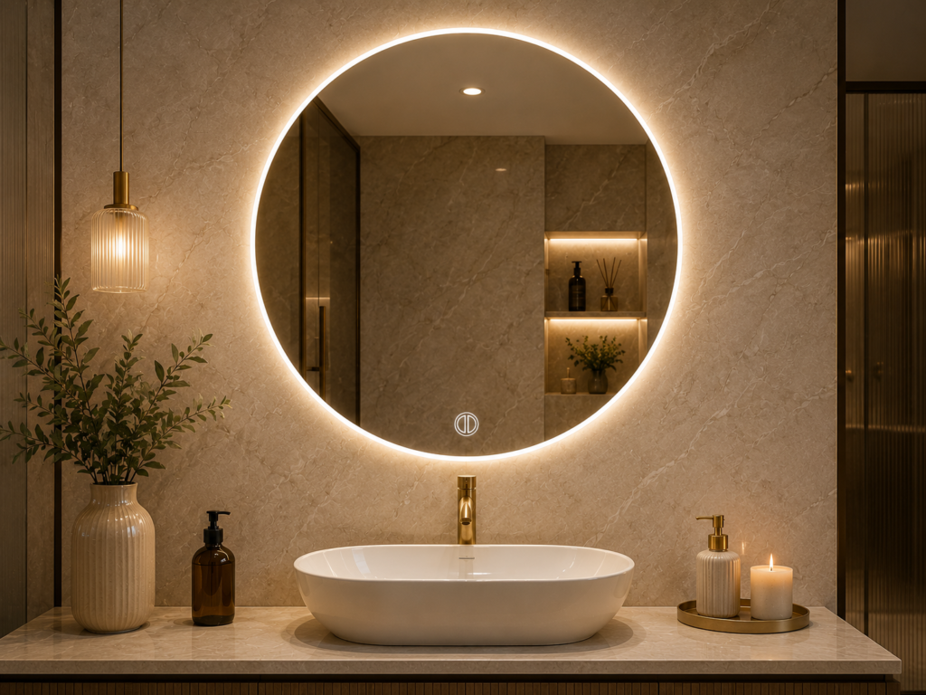 A image of round mirror with led sensor light